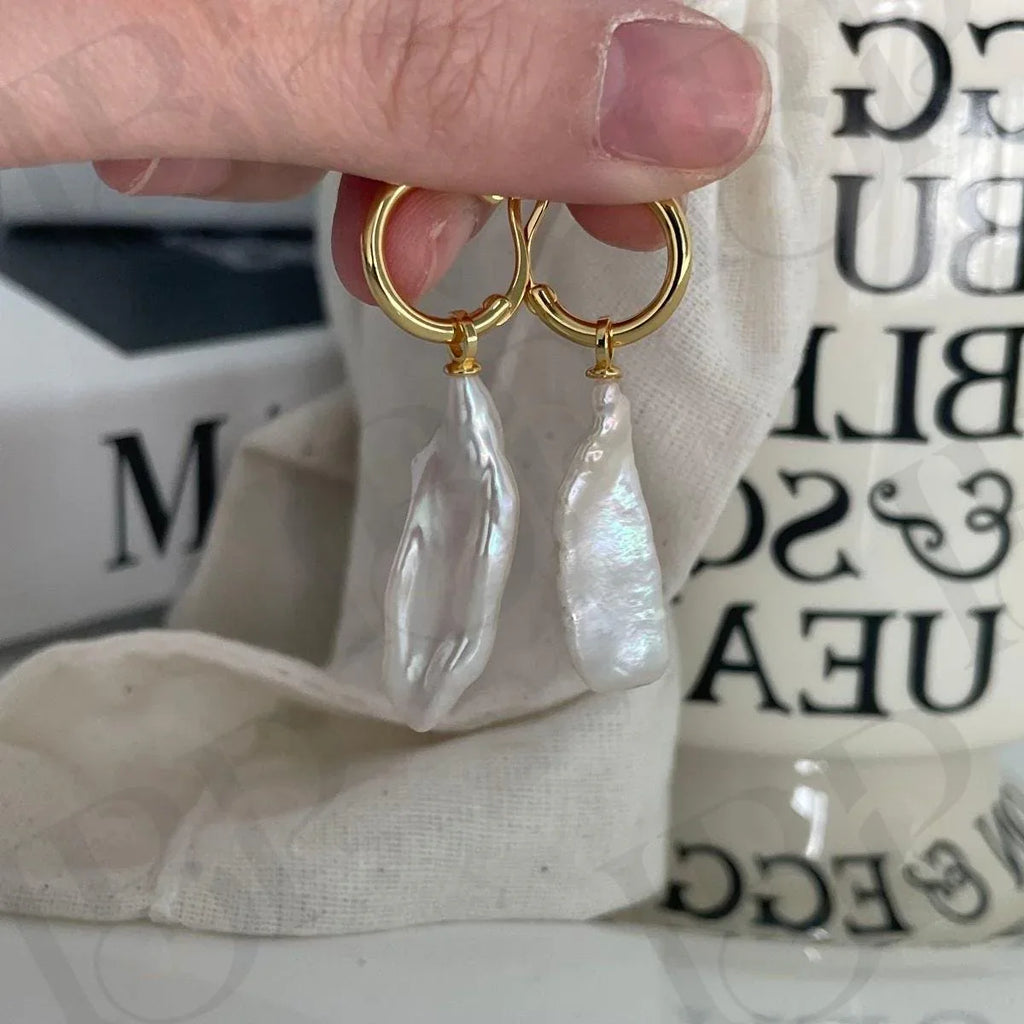 Baroque Pearl Hoop Earrings - 18k Gold Vermeil Sterling Silver Dangles - Irregular Beauty Pearl