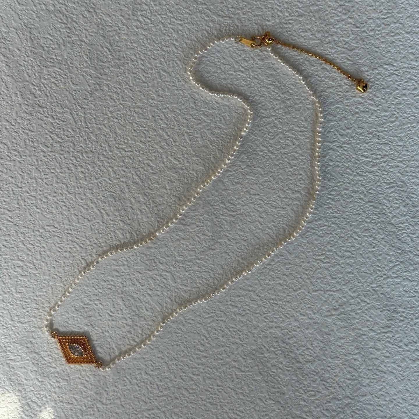 Gold Vermeil Evil Eye Necklace – Marquise Zirconia & Seed Pearl - Irregular Beauty Pearl