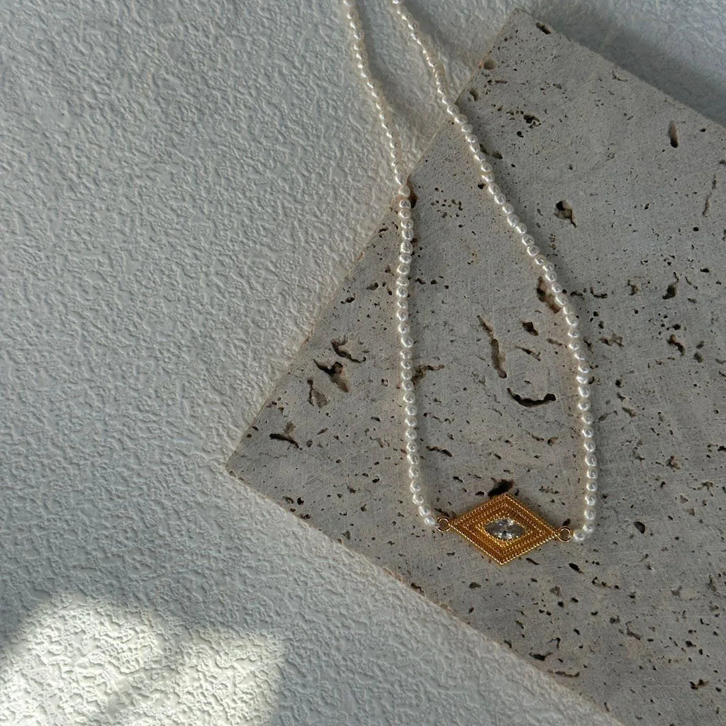 Gold Vermeil Evil Eye Necklace – Marquise Zirconia & Seed Pearl - Irregular Beauty Pearl