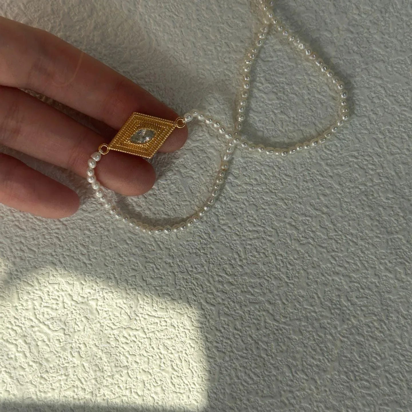 Gold Vermeil Evil Eye Necklace – Marquise Zirconia & Seed Pearl - Irregular Beauty Pearl