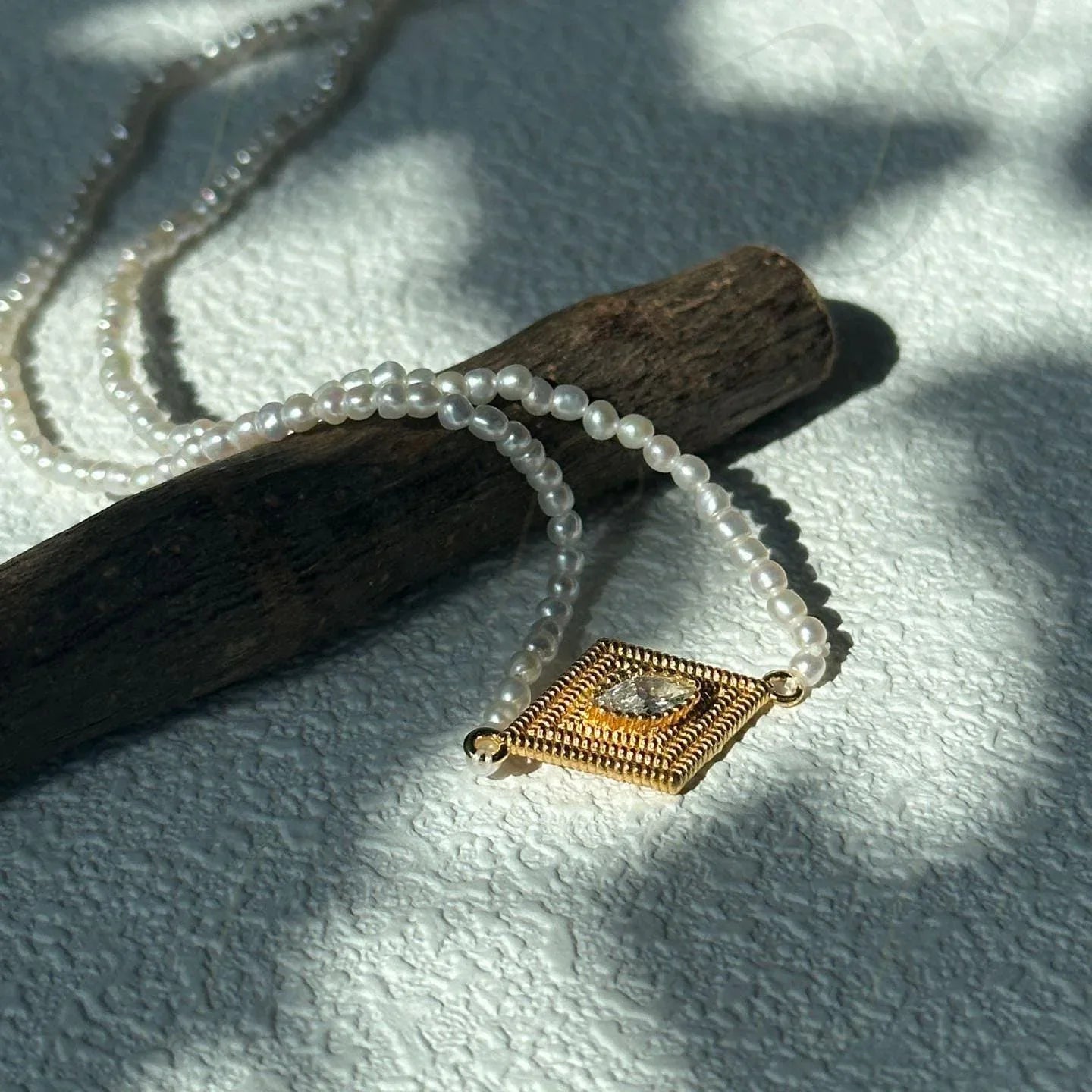 Gold Vermeil Evil Eye Necklace – Marquise Zirconia & Seed Pearl - Irregular Beauty Pearl