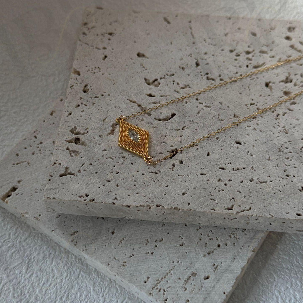 Gold Vermeil Evil Eye Necklace – Marquise Zirconia & Seed Pearl - Irregular Beauty Pearl