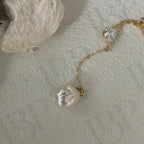 Baroque Pearl Y-Necklace - 14k Gold Filled Lariat with CZ - Irregular Beauty Pearl