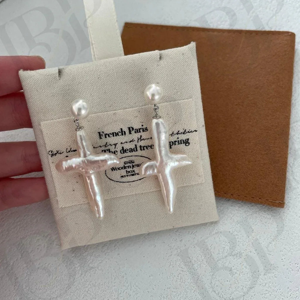Baroque Pearl Cross Earrings - Sterling Silver Religious Jewelry - Irregular Beauty Pearl