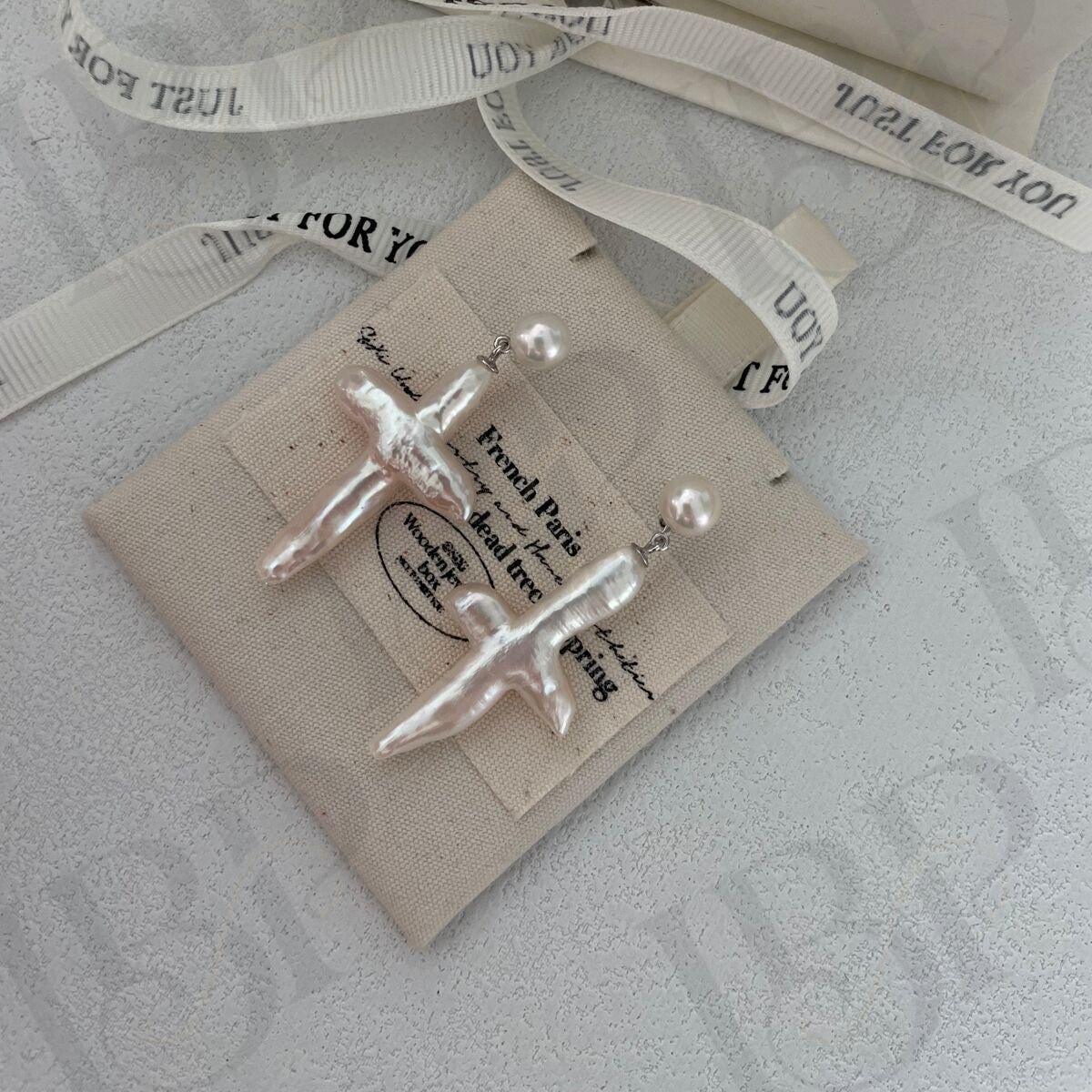 Baroque Pearl Cross Earrings - Sterling Silver Religious Jewelry - Irregular Beauty Pearl
