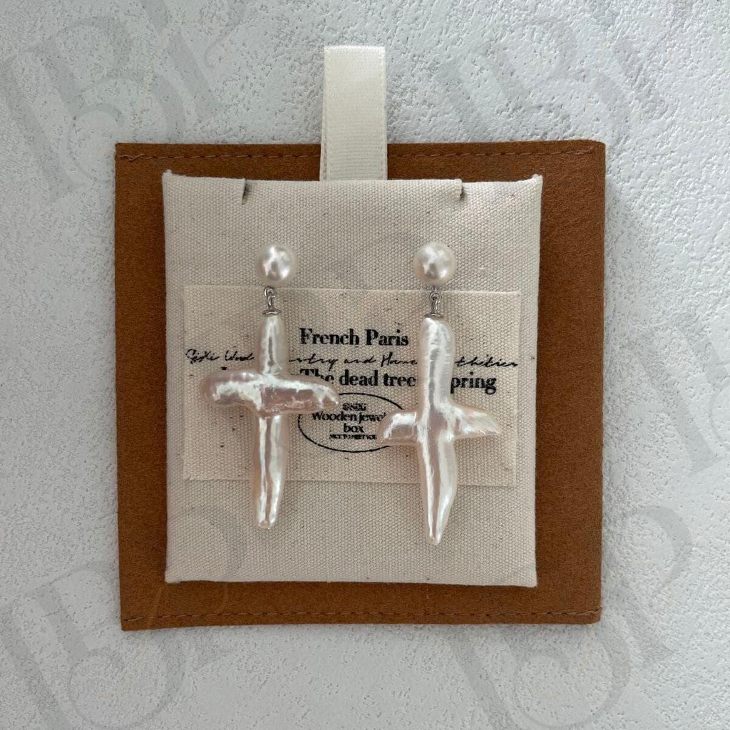 Baroque Pearl Cross Earrings - Sterling Silver Religious Jewelry - Irregular Beauty Pearl