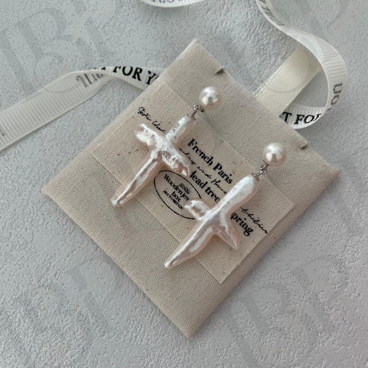 Baroque Pearl Cross Earrings - Sterling Silver Religious Jewelry - Irregular Beauty Pearl
