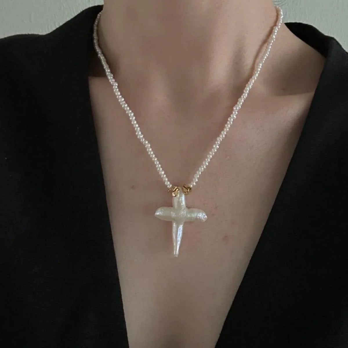 Natural Baroque Pearl Cross Pendant Necklace - Handmade Freshwater Pearl Jewelry - Irregular Beauty Pearl
