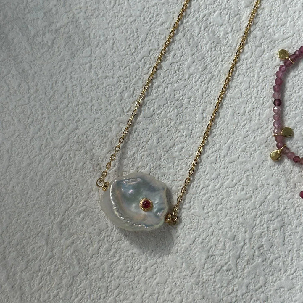 Ruby Zircon Petal Pearl Necklace - Irregular Beauty Pearl