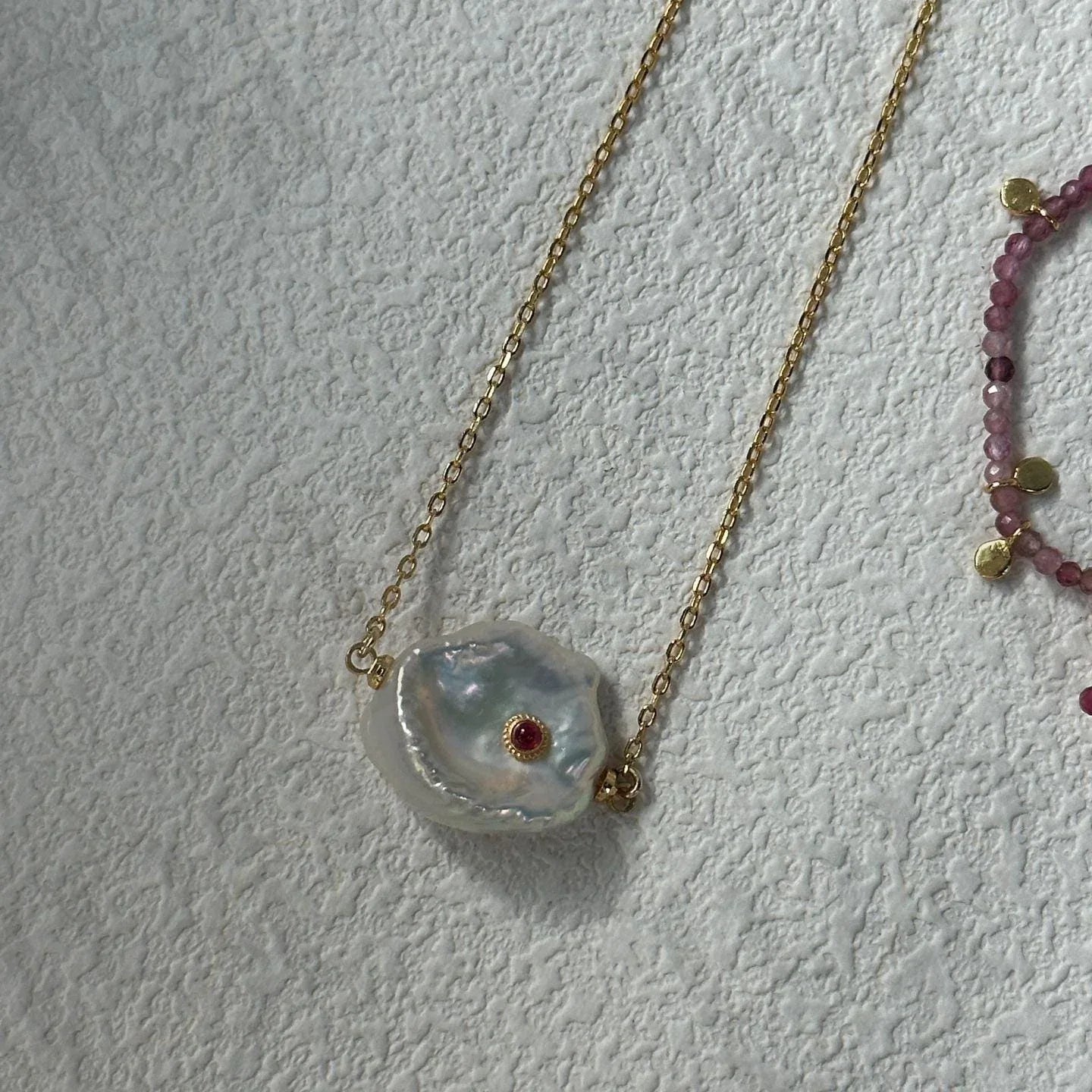 Ruby Zircon Petal Pearl Necklace - Irregular Beauty Pearl