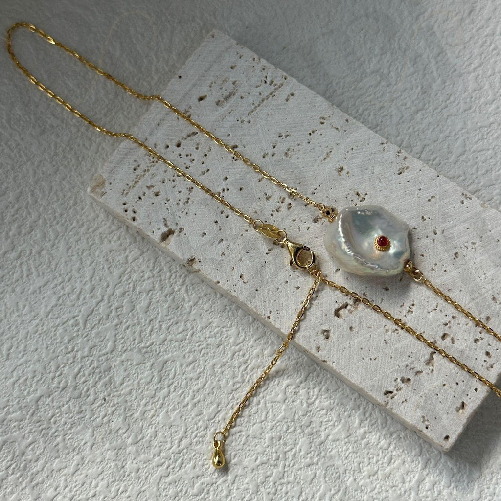 Ruby Zircon Petal Pearl Necklace - Irregular Beauty Pearl