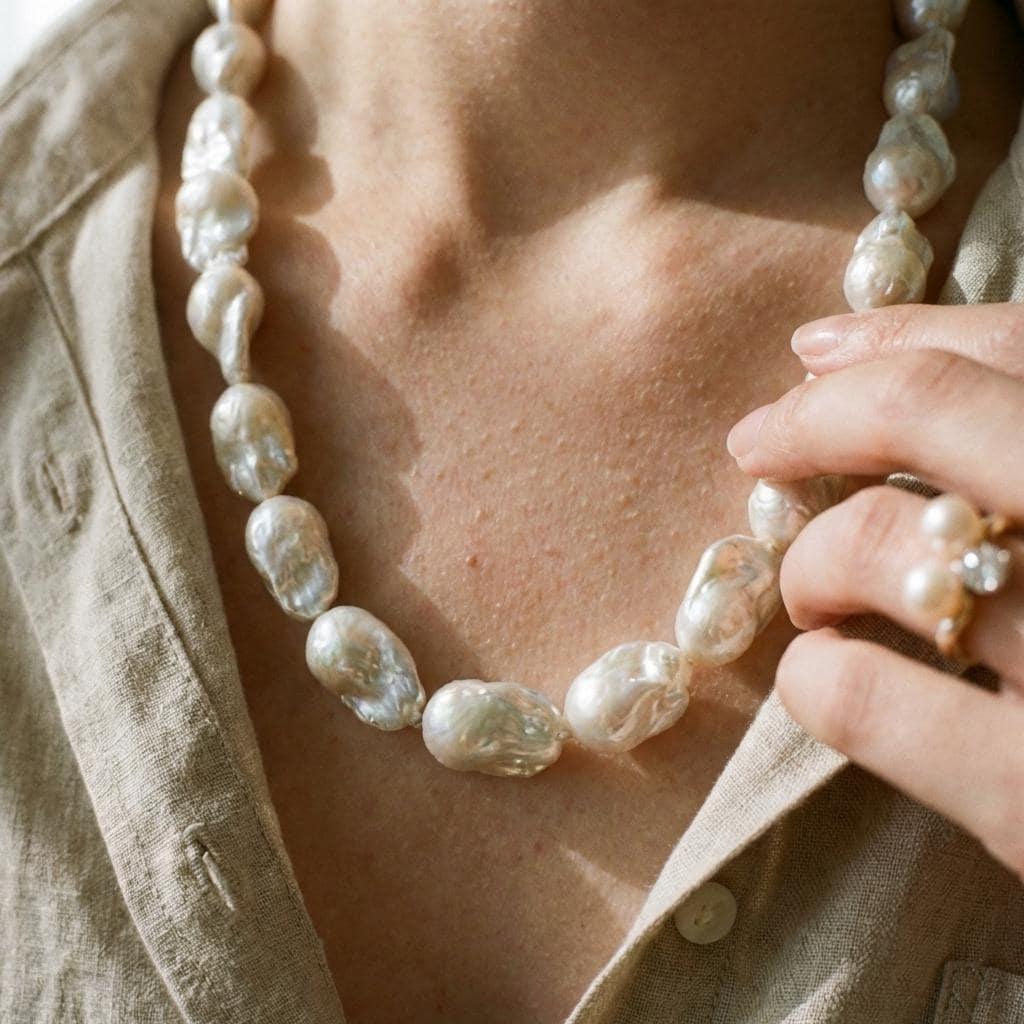 Large Baroque Pearl Necklace - Sterling Silver Beaded Strand - Irregular Beauty Pearl