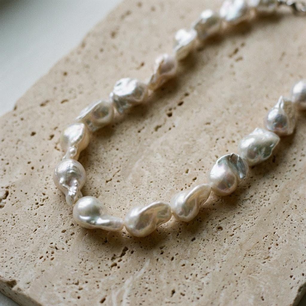 Large Baroque Pearl Necklace - Sterling Silver Beaded Strand - Irregular Beauty Pearl