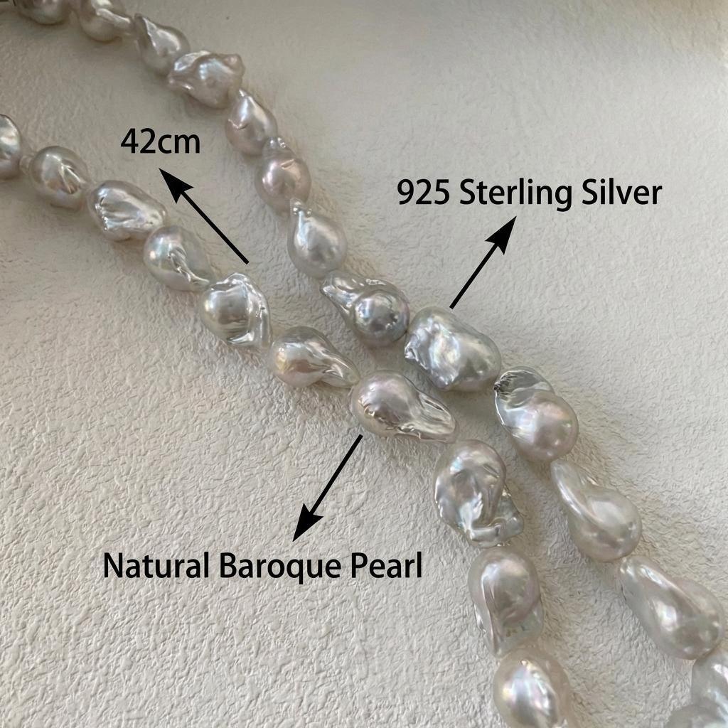 Large Baroque Pearl Necklace - Sterling Silver Beaded Strand - Irregular Beauty Pearl