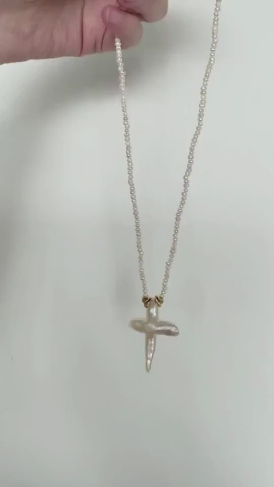 Natural Baroque Pearl Cross Pendant Necklace - Handmade Freshwater Pearl Jewelry