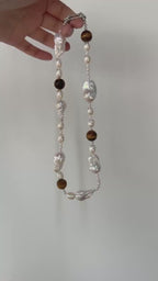 Genuine Amber and Large Baroque Pearl Necklace - 925 Sterling Silver