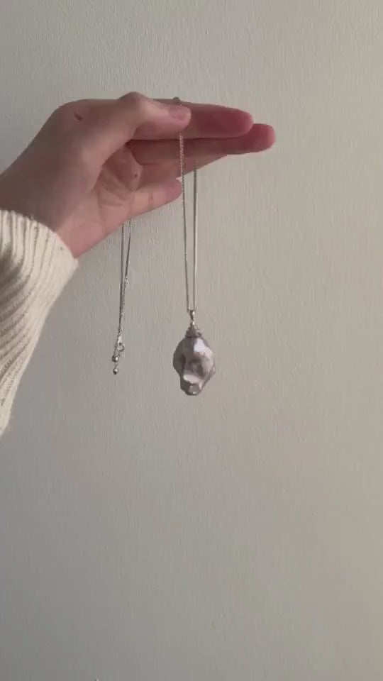 Large Grey Baroque Pearl Necklace - Rhodium Plated Sterling Silver