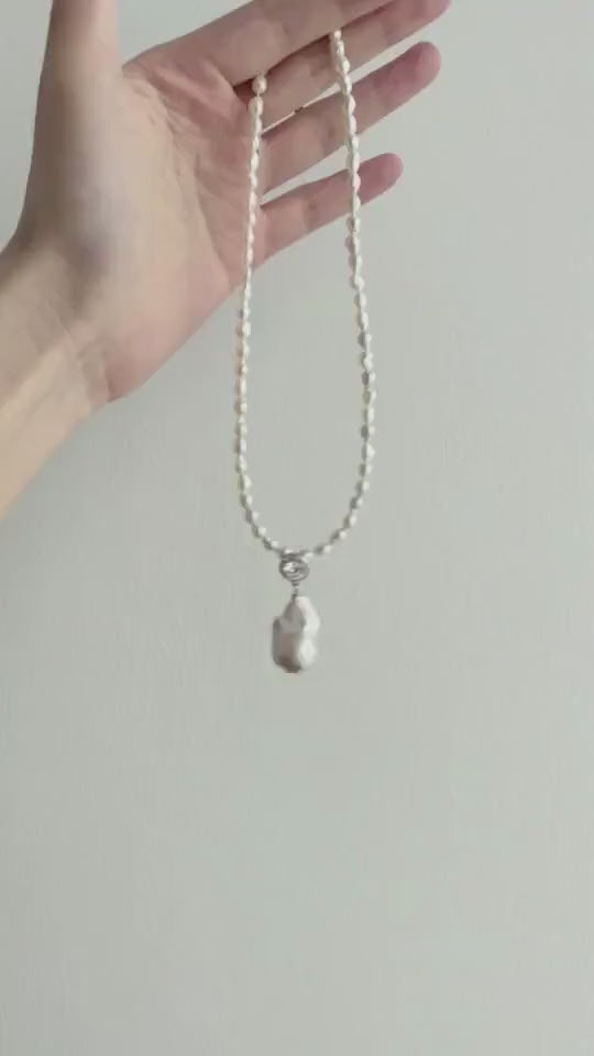 Jumbo Baroque Pearl Pendant Necklace - 925 Sterling Silver Seed Pearl Strand