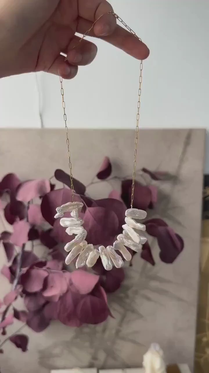 Natural Stick Pearl Smile Necklace - 14k Gold Filled Paperclip Chain