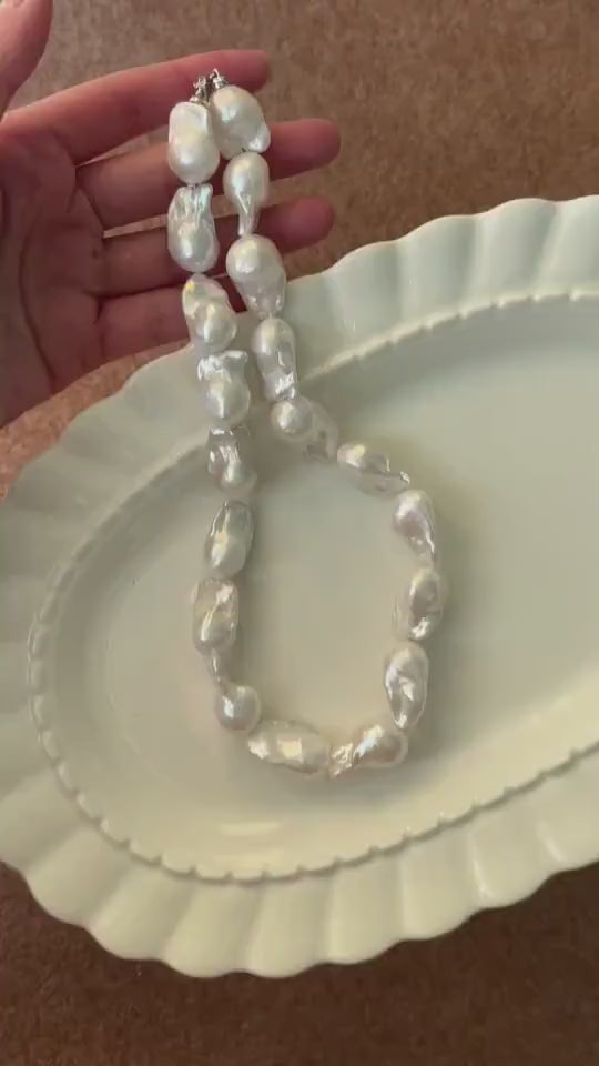 Large Baroque Pearl Beaded Necklace - 925 Sterling Silver