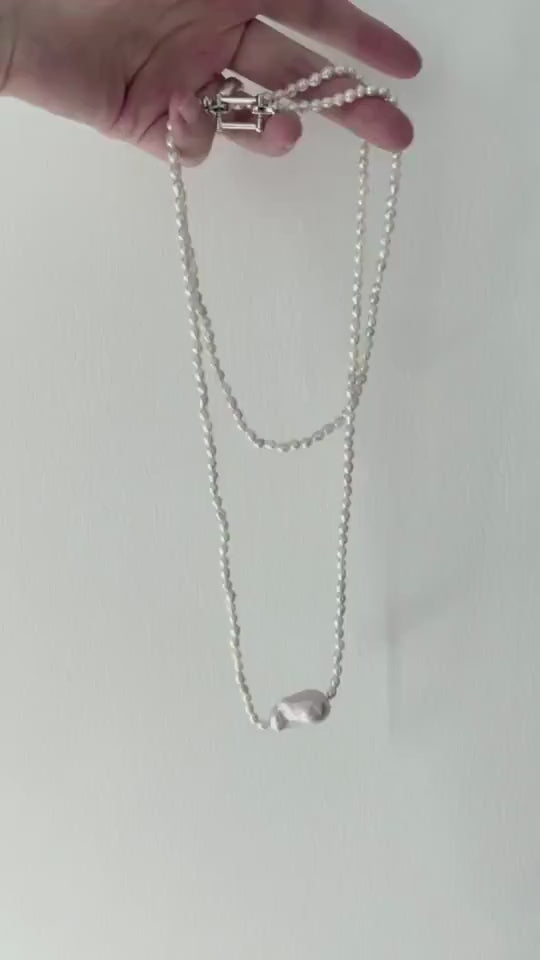 Large Baroque Pearl Double Layer Necklace - 925 Sterling Silver