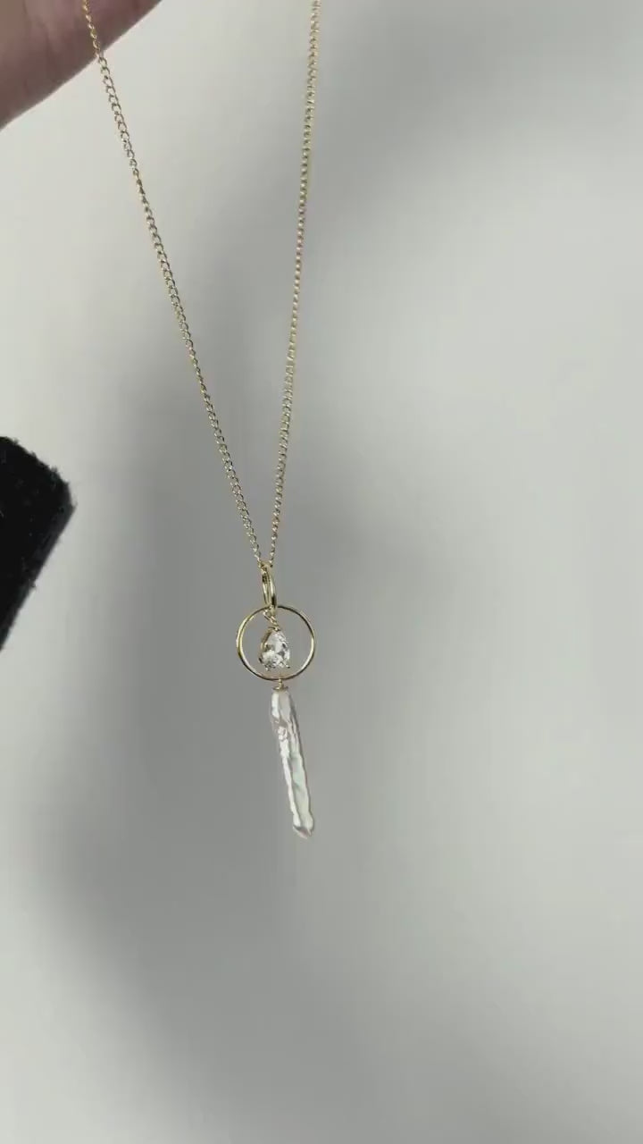 Celestial Stick Pearl Necklace - 14k Gold Filled Double Hoop Pendant